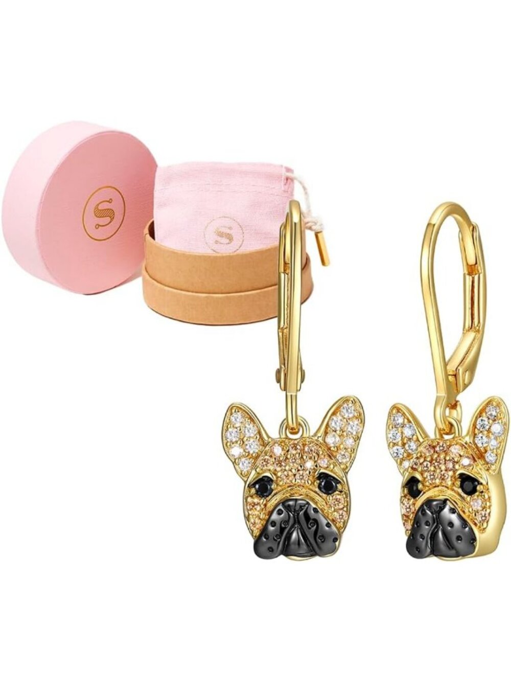 Adorable French Bulldog Puppy Earrings - 18k Yellow Gold Plated Silver Jewelry